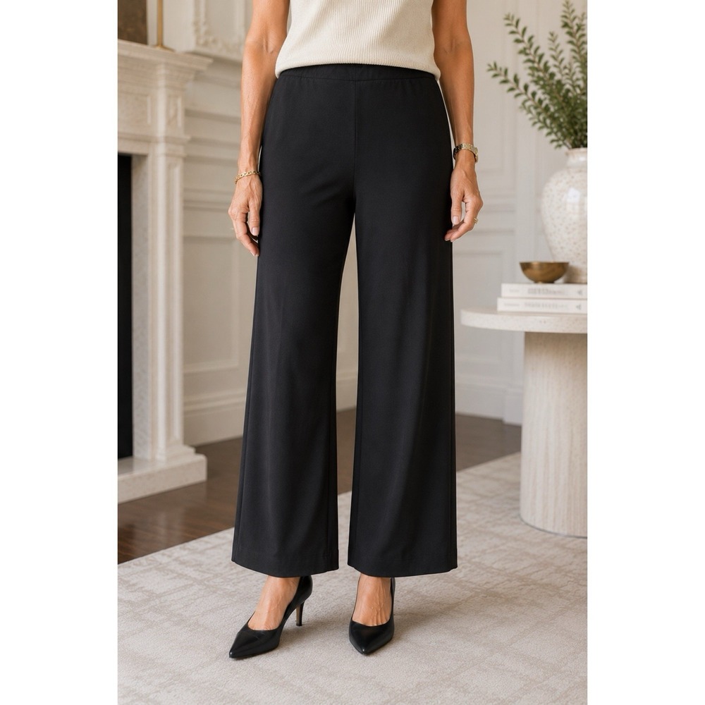 Joseph Ribkoff Size 12 Black Wide Leg Pull-On Pants Stretch Knit Made in Canada